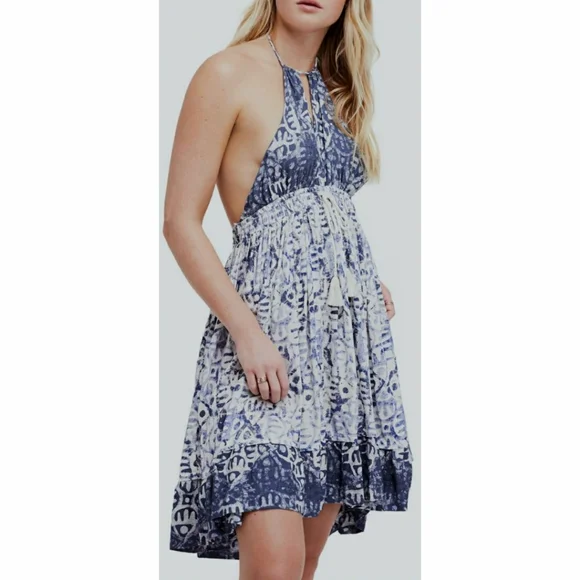 Free People Beach Day Mini Dress Halter Blue White A Line Boho Floral Free People Beach Day Mini Dress Halter Blue White A Line Boho Floral